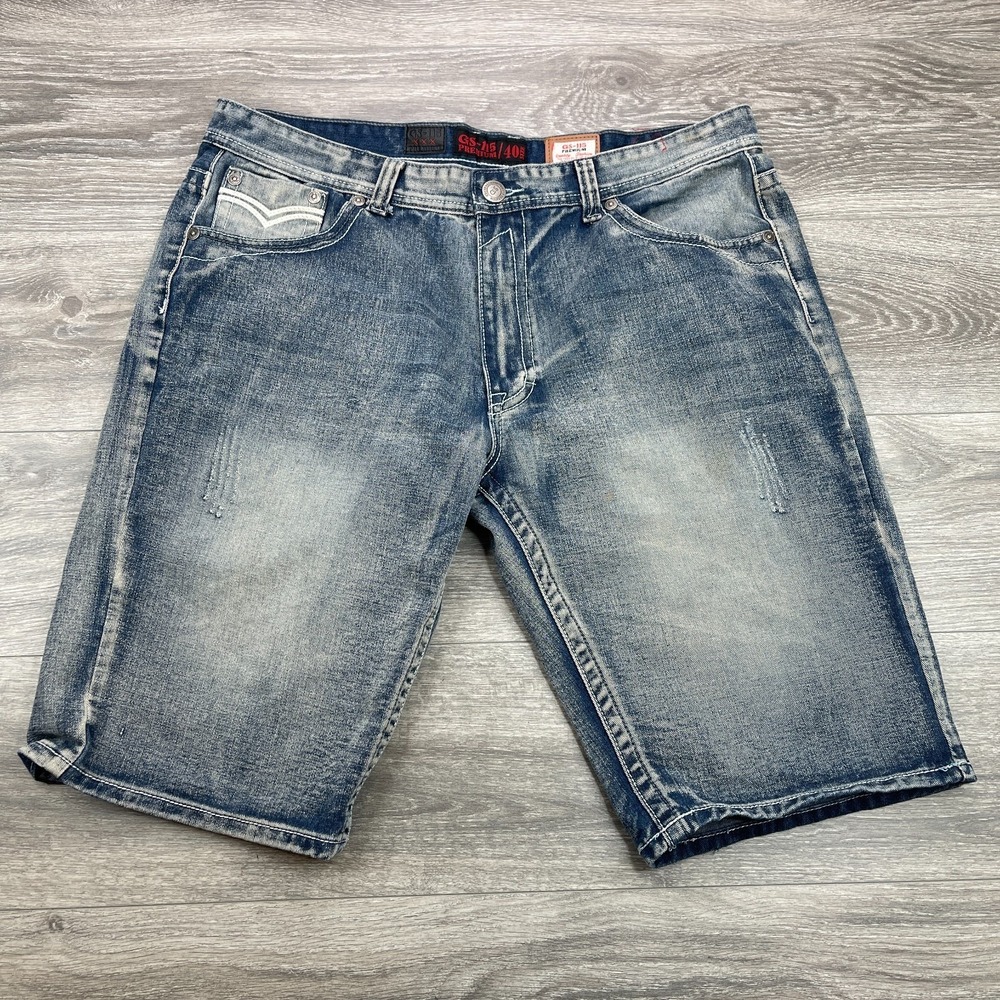 GS-115 Shorts Mens 40 Blue Baggy Denim Distressed Embroidered Flap Pockets Y2K